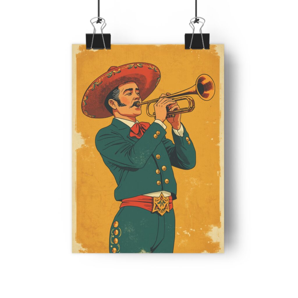 Mariachi Trumpet Player Wall Art Print | Vintage Mexican Music Poster | Folk Art Illustration | Latin Home Decor | Fine Art Print